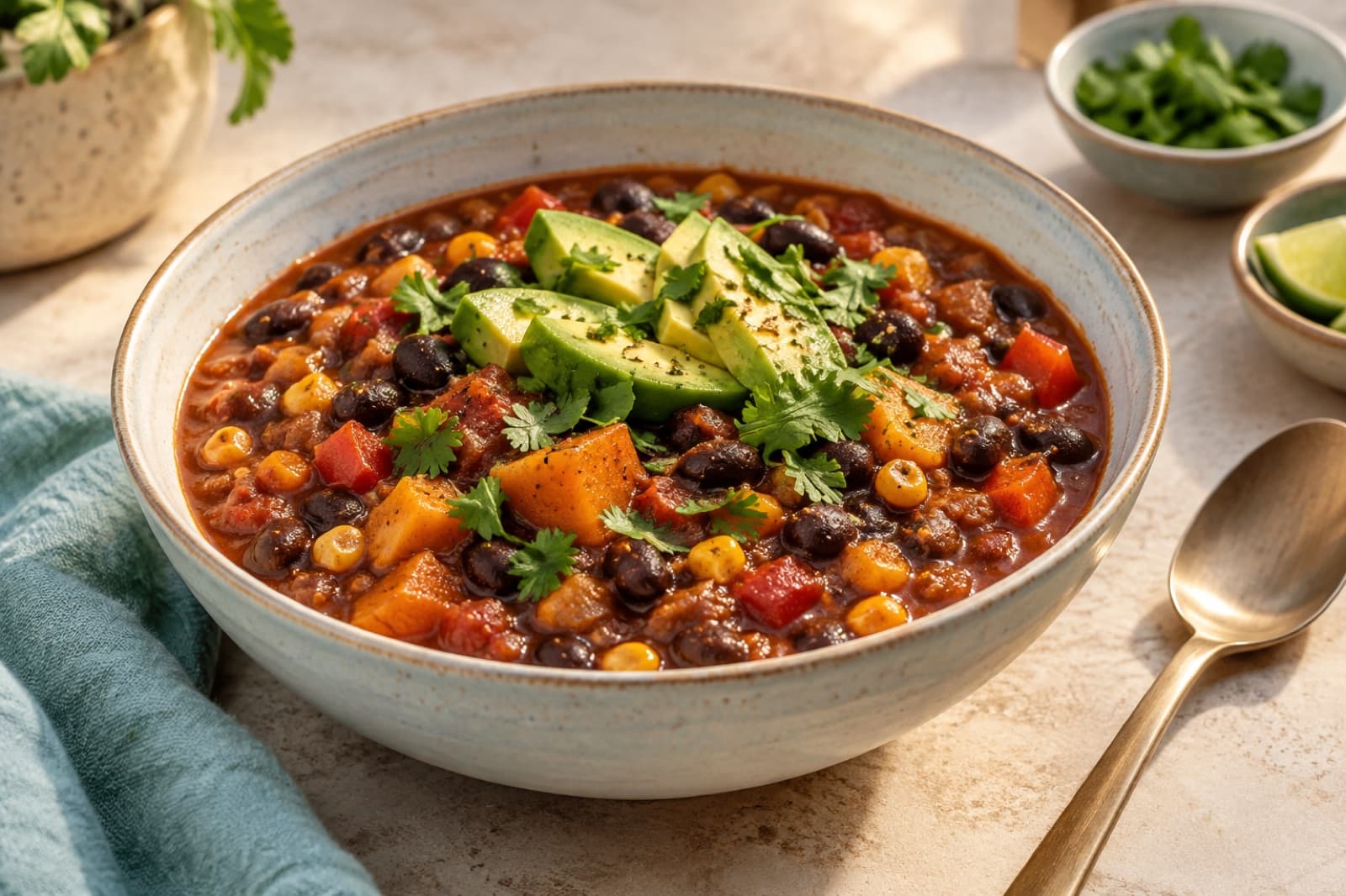 Photographic illustration of black bean pumpkin chili