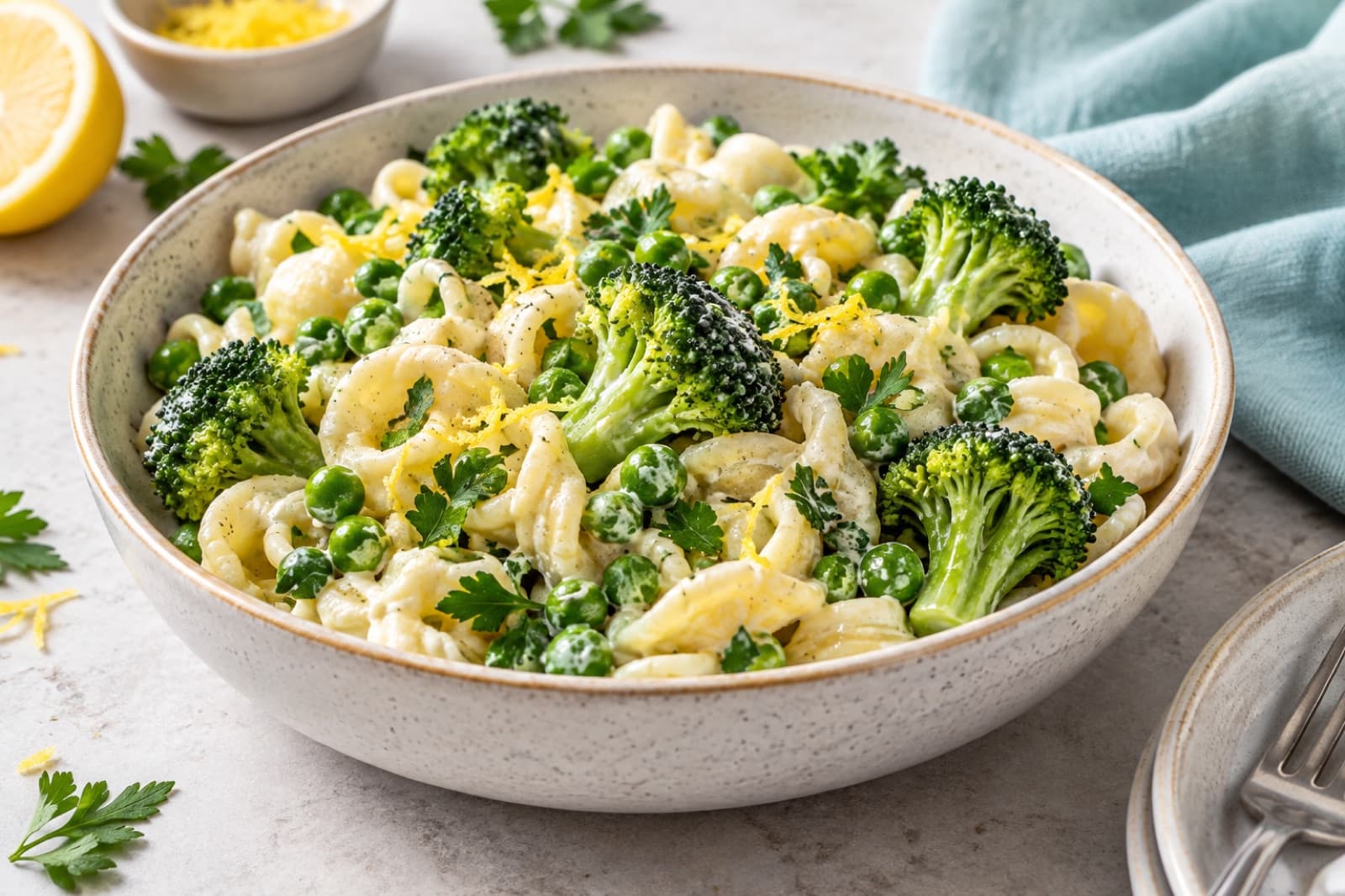 Photographic illustration of broccoli lemon pasta salad