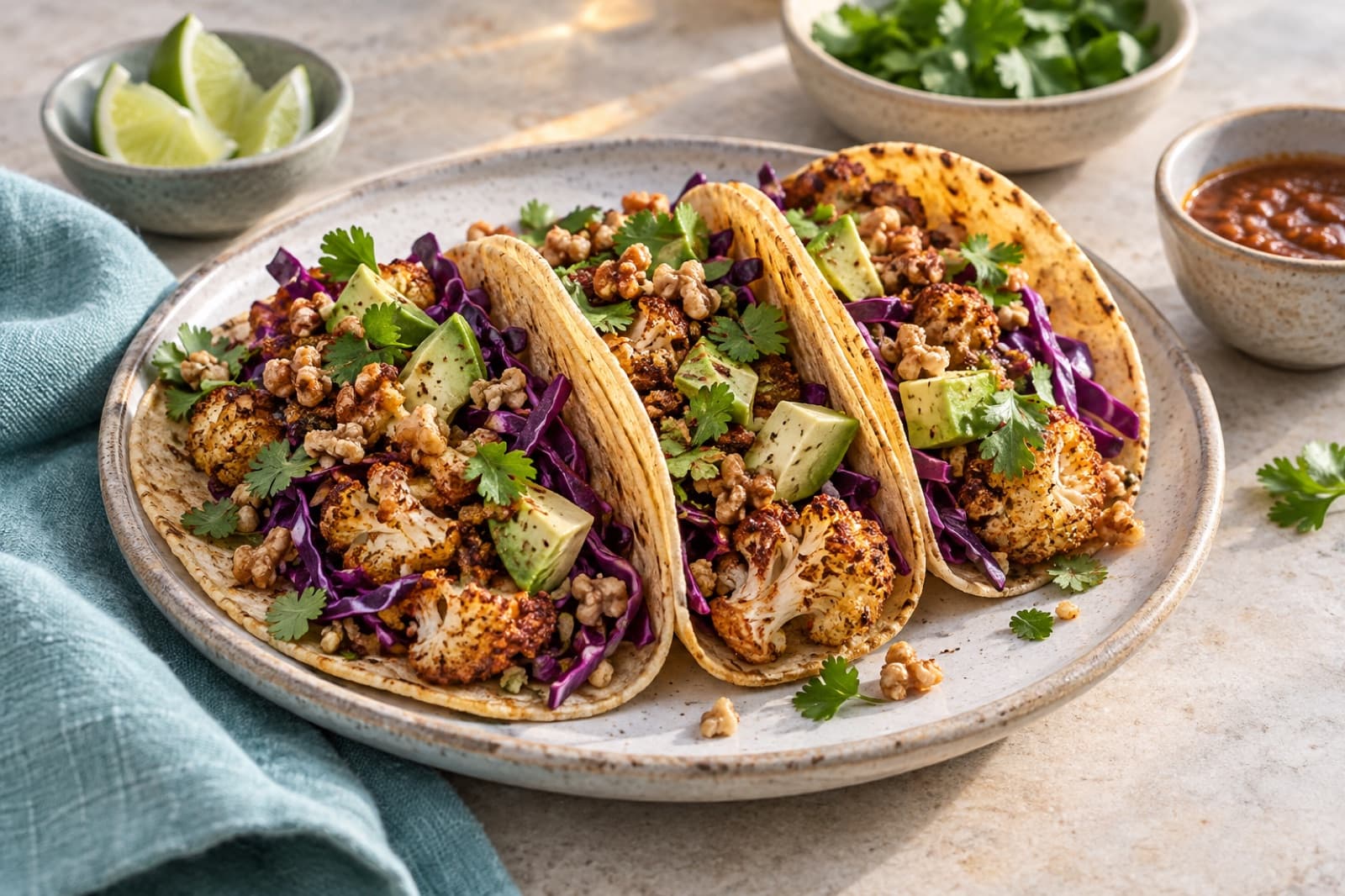 Photographic illustration of cauliflower walnut tacos