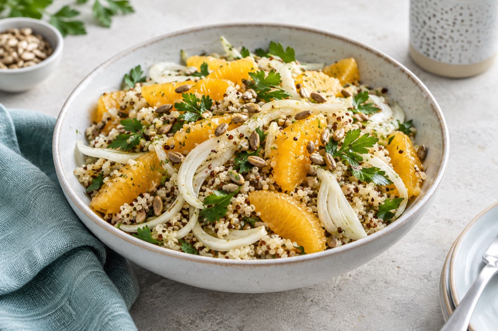 Photographic illustration of citrus fennel quinoa salad
