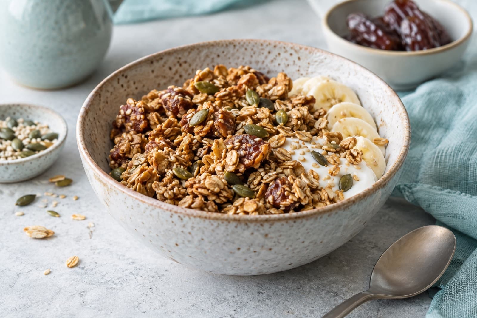 Photographic illustration of date tahini granola clusters