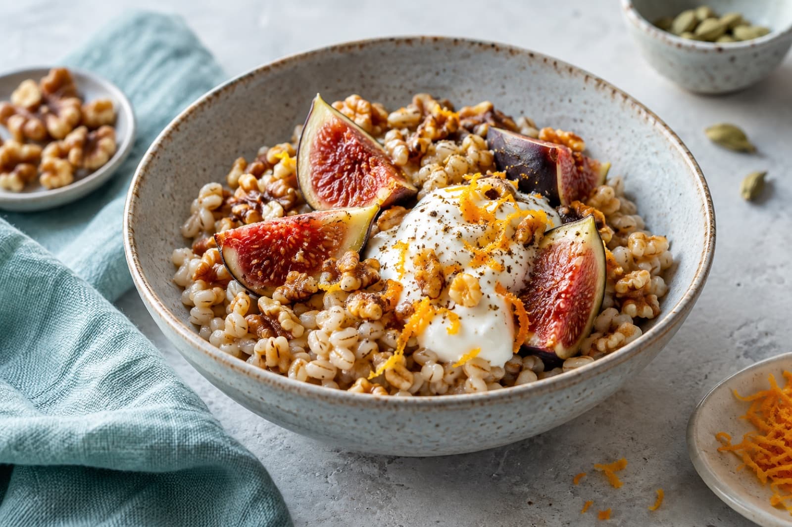 Photographic illustration of fig walnut barley breakfast bowl