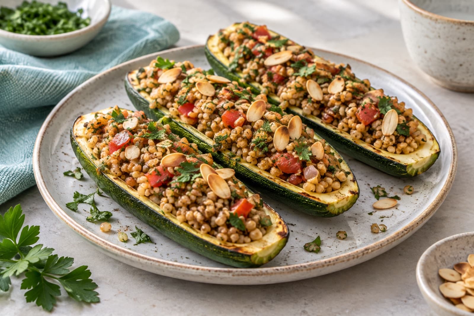 Photographic illustration of freekeh-stuffed zucchini boats