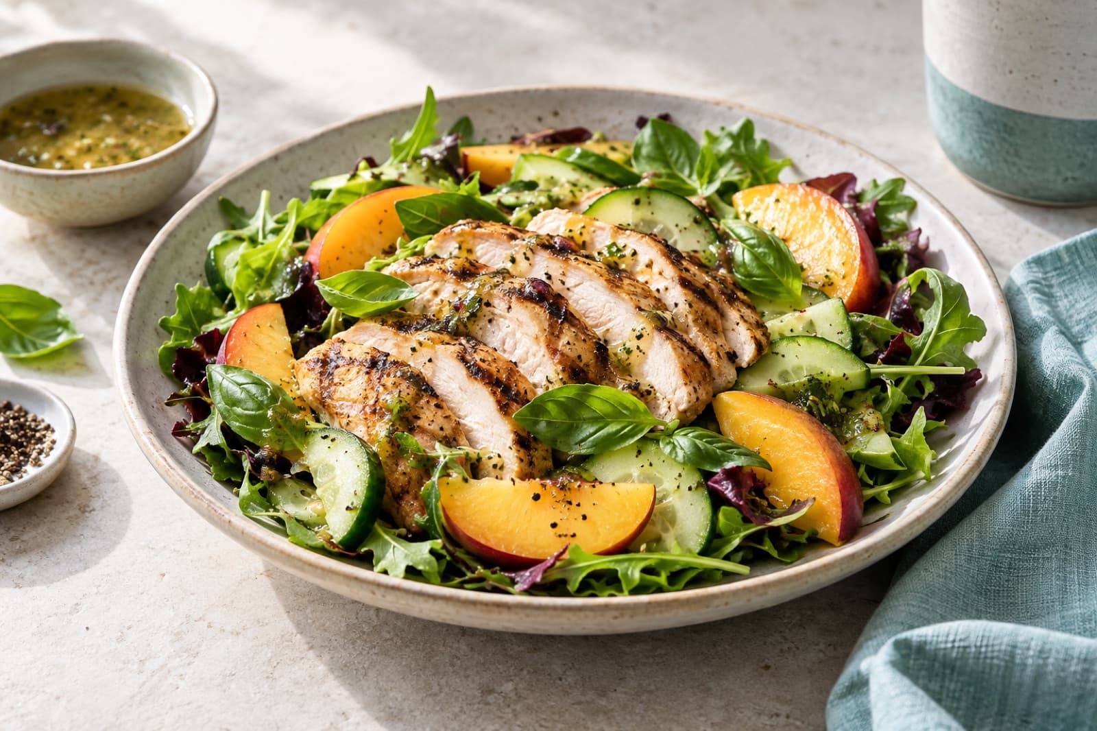 Photographic illustration of grilled chicken and peach salad