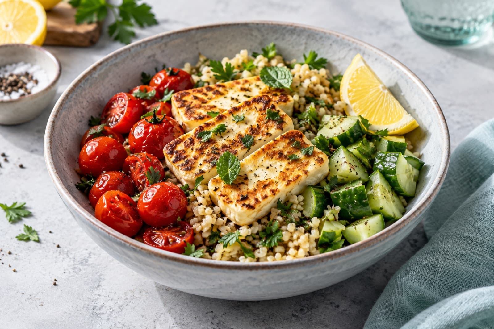 Photographic illustration of halloumi tomato breakfast bowls