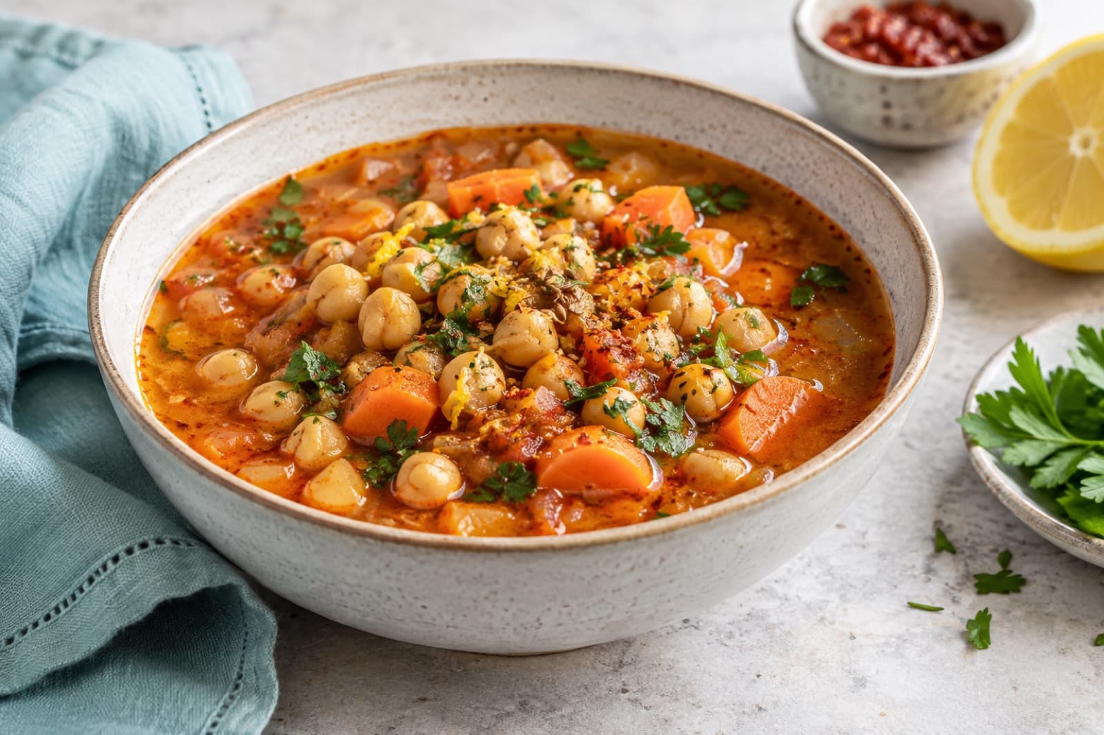 Photographic illustration of harissa chickpea and carrot soup