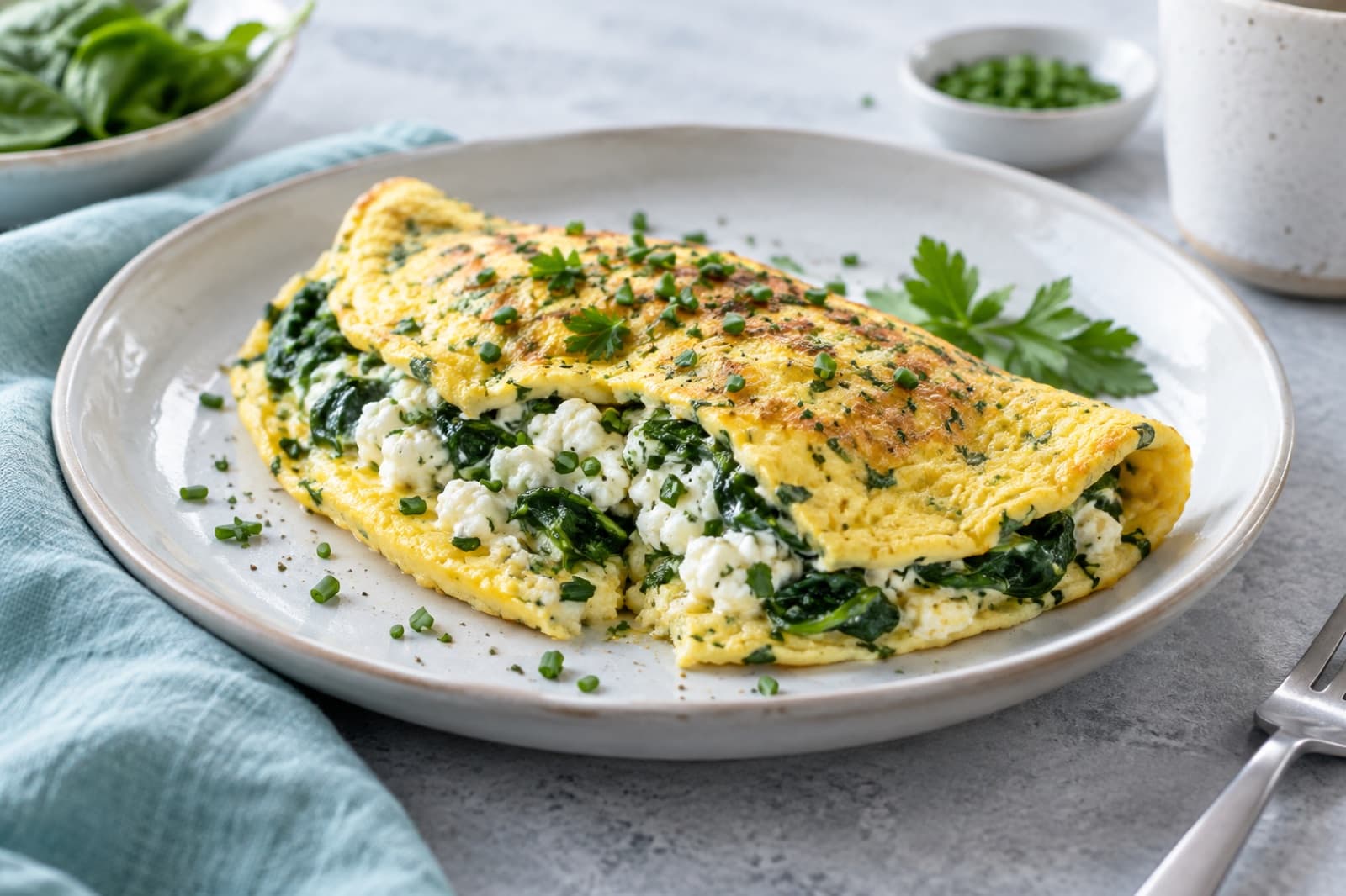 Photographic illustration of herb cottage cheese omelet
