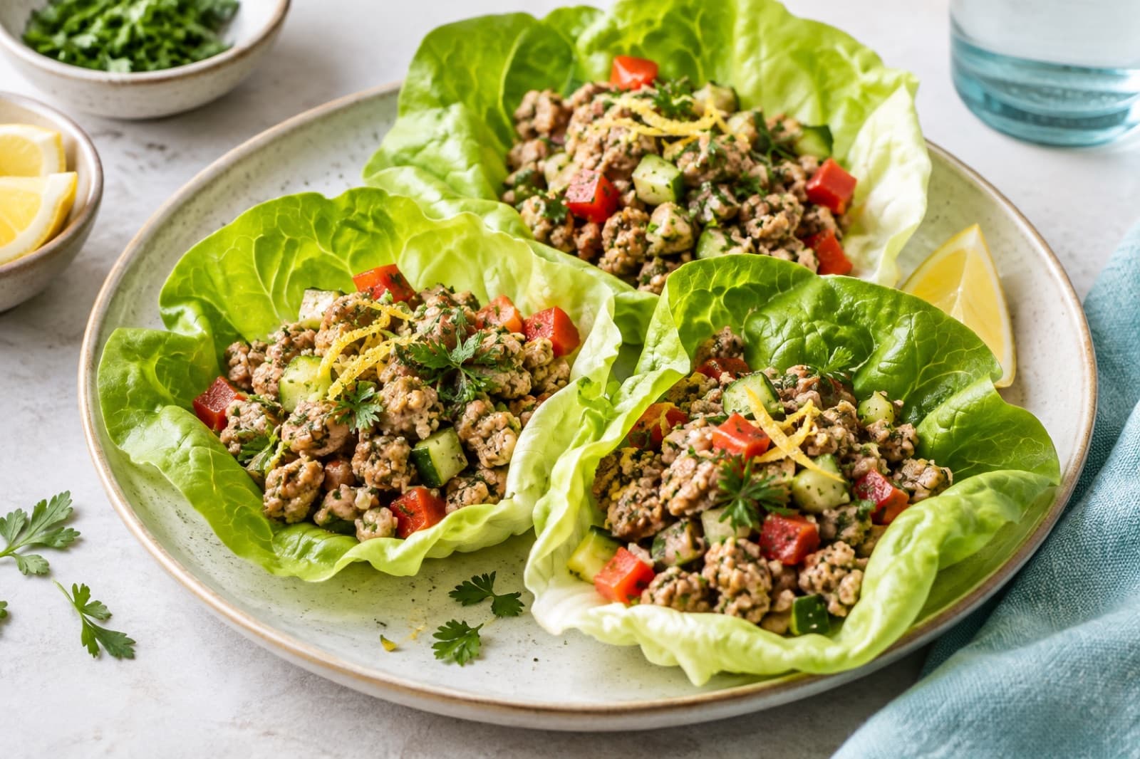Photographic illustration of herbed turkey lettuce cups