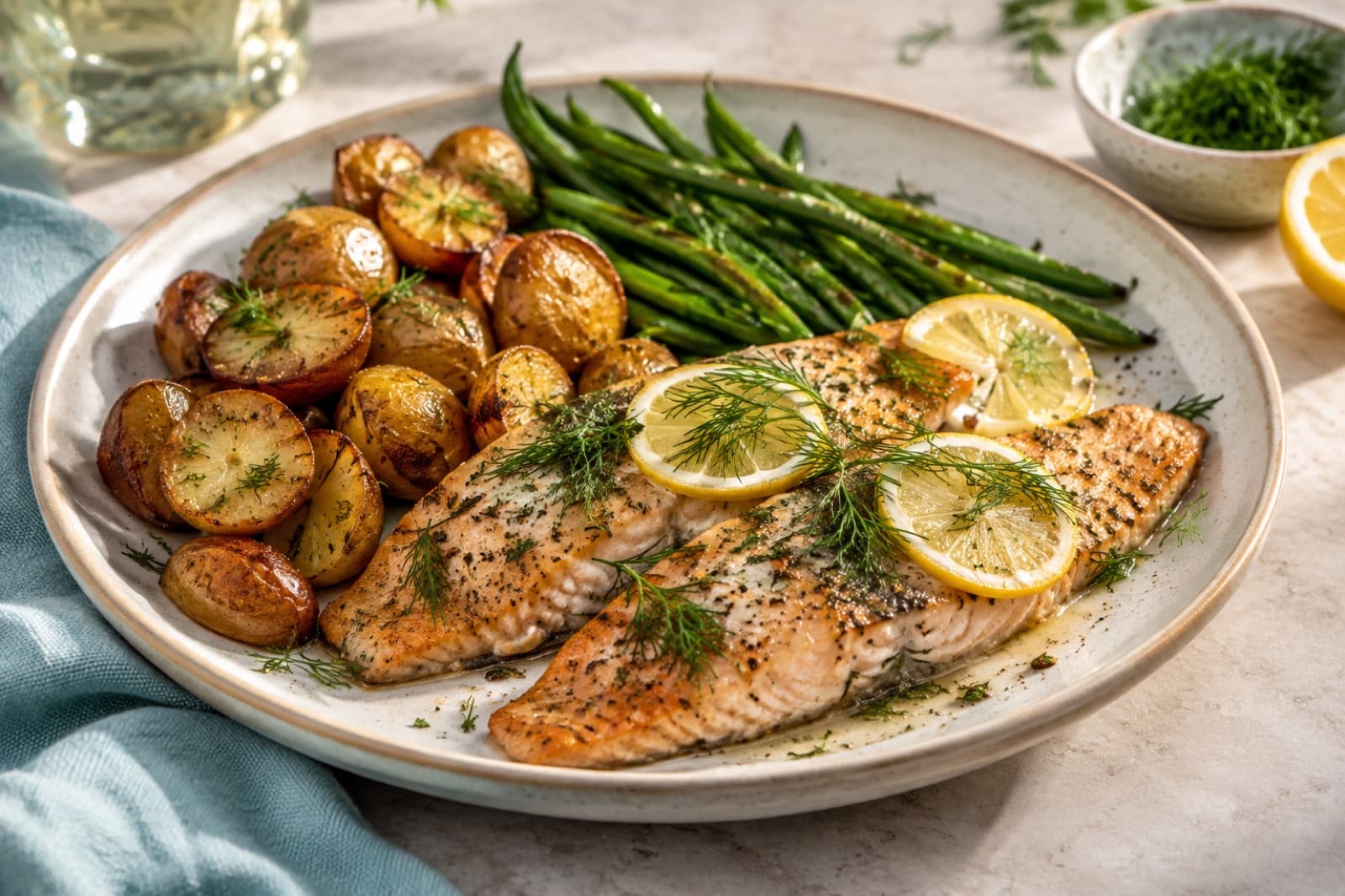 Photographic illustration of lemon dill trout with potatoes