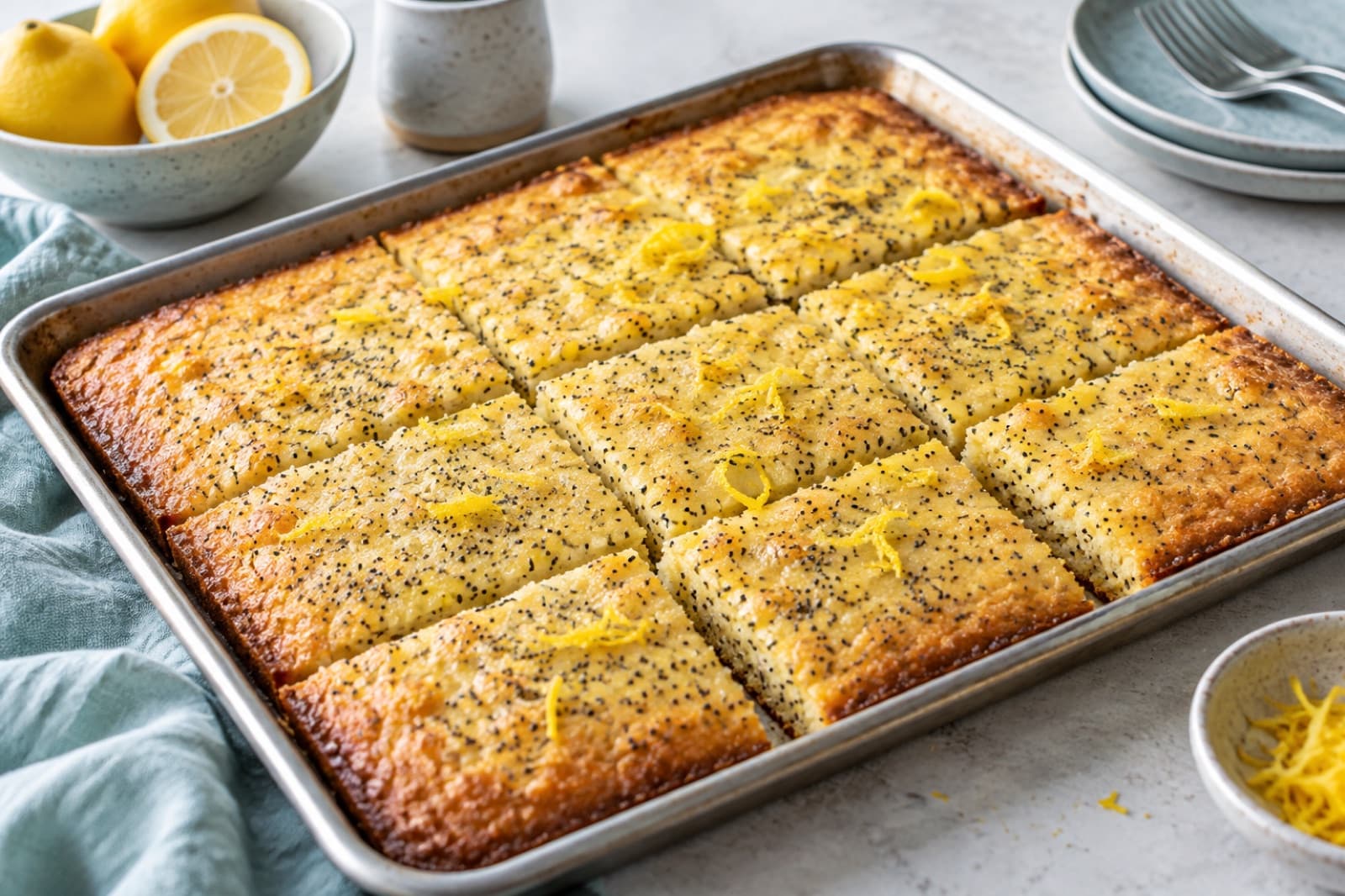 Photographic illustration of lemon poppy sheet-pan pancake