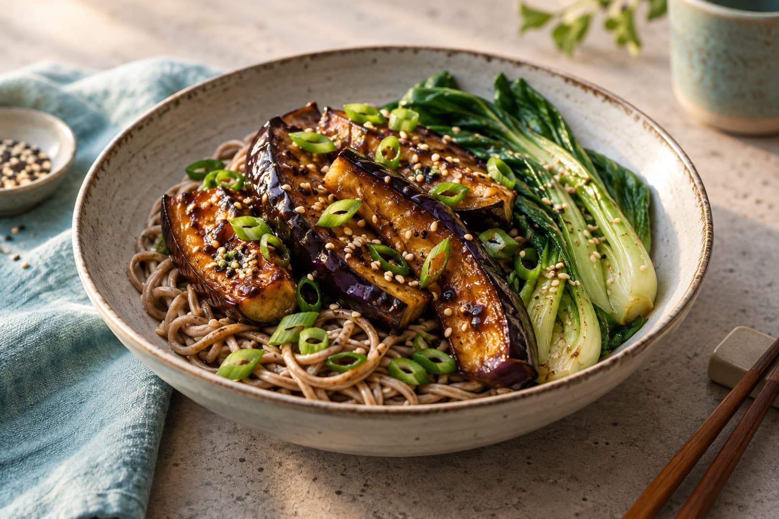 Photographic illustration of miso eggplant soba noodles