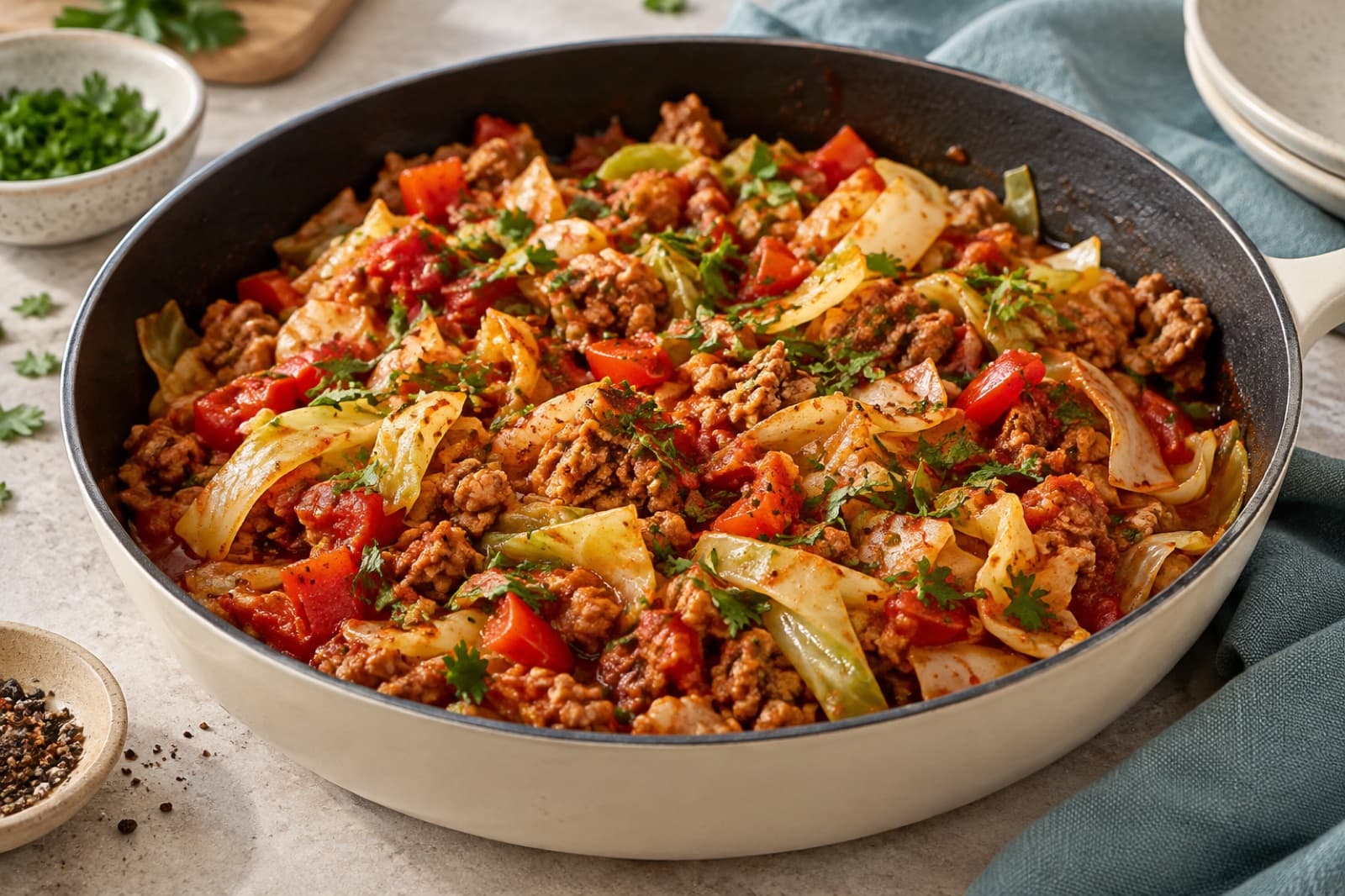 Photographic illustration of paprika turkey cabbage skillet