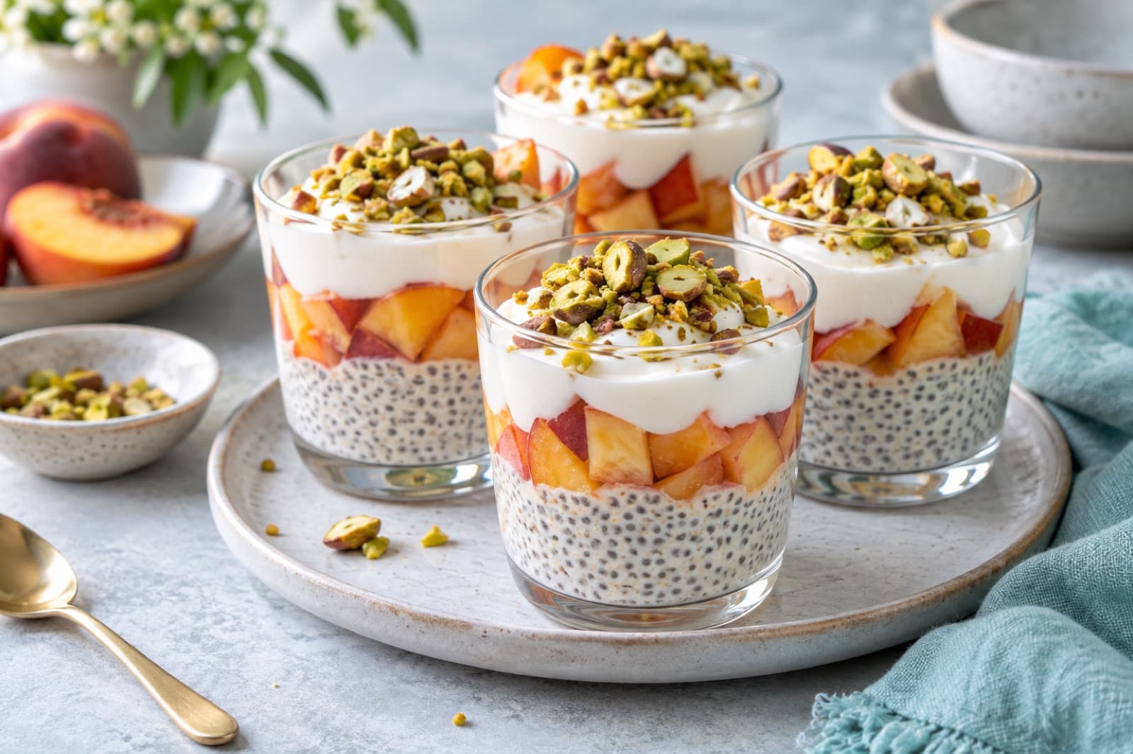 Photographic illustration of peach vanilla chia cups
