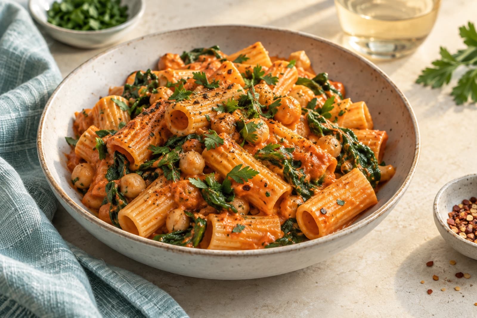 Photographic illustration of roasted pepper chickpea pasta