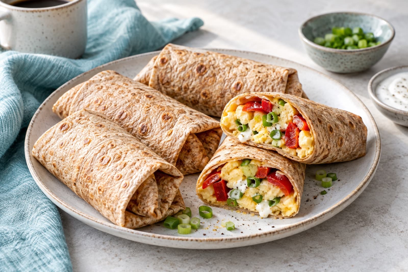 Photographic illustration of roasted pepper egg breakfast wraps