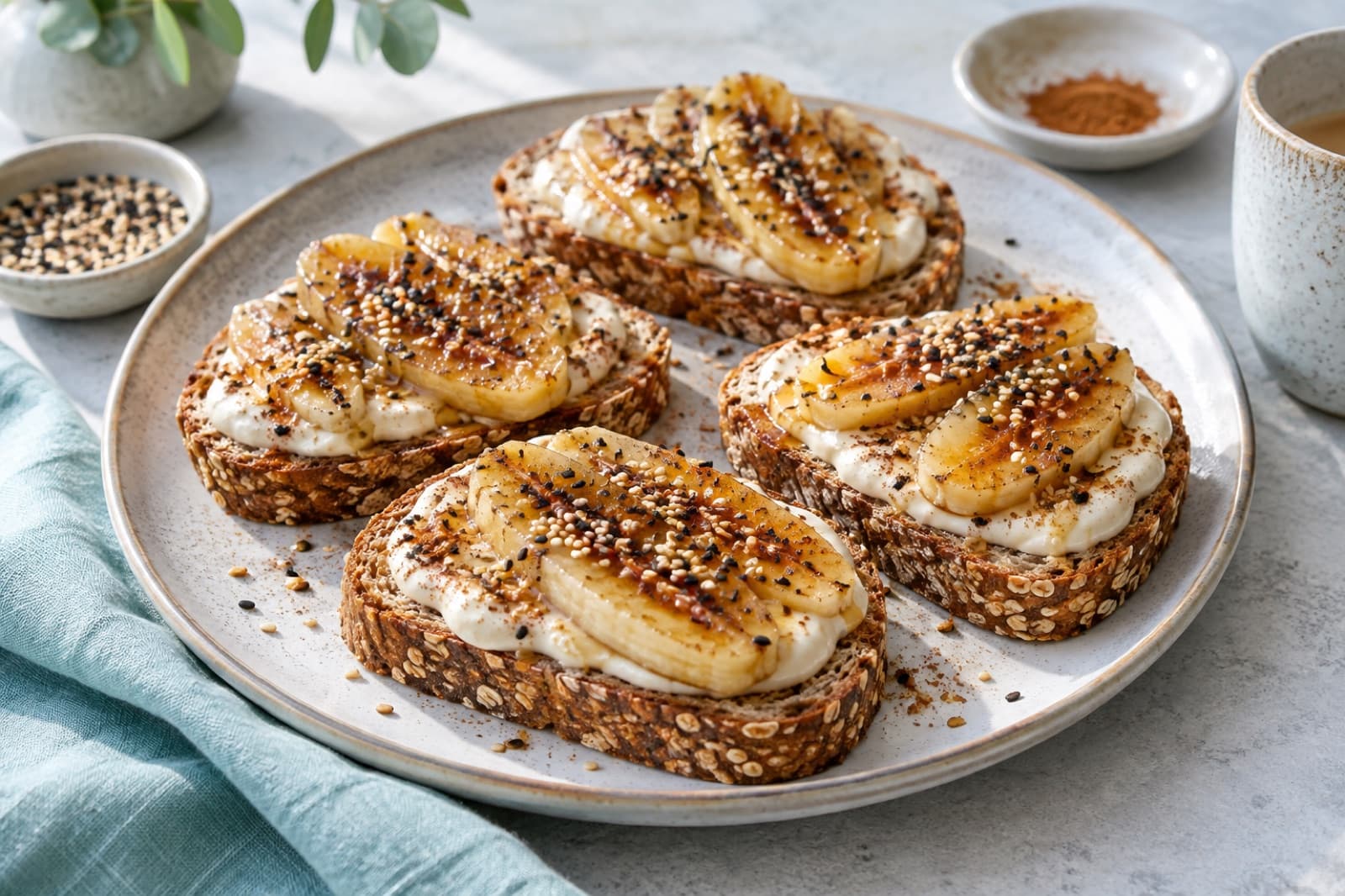 Photographic illustration of sesame banana crunch toast