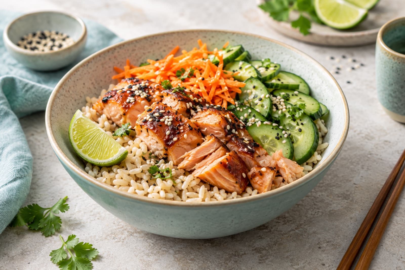 Photographic illustration of sesame salmon brown rice bowl