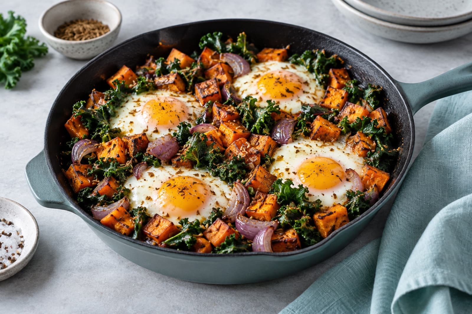Photographic illustration of sweet potato kale breakfast hash