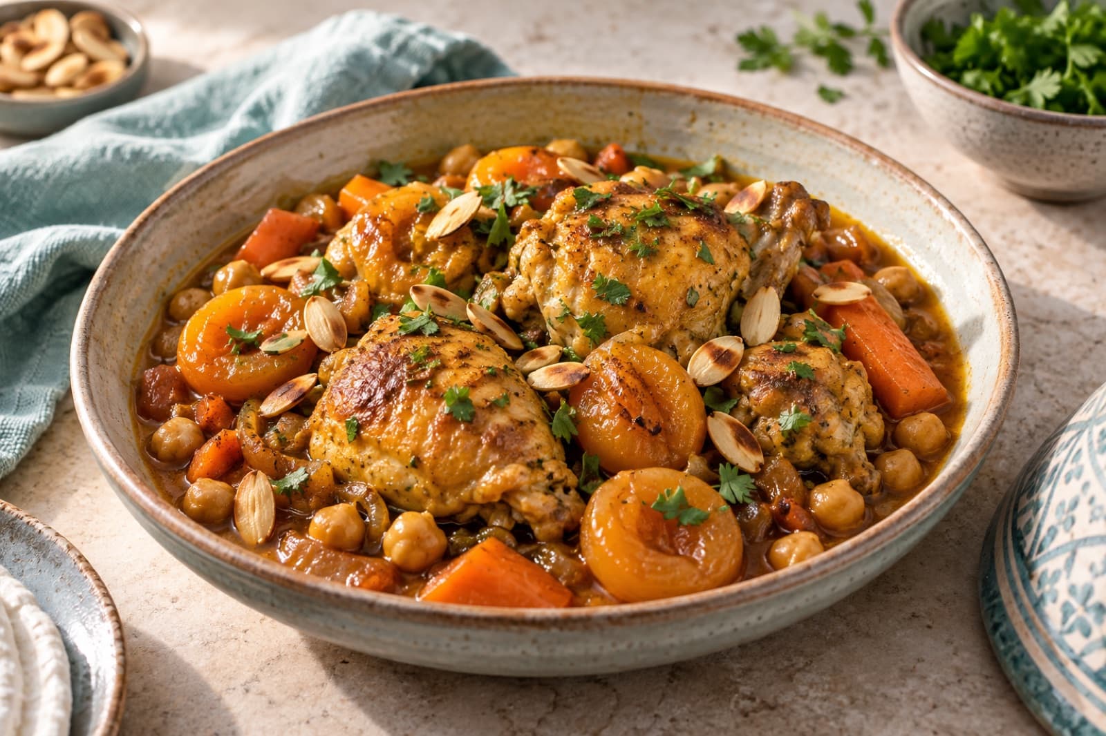 Photographic illustration of apricot chicken tagine-style stew