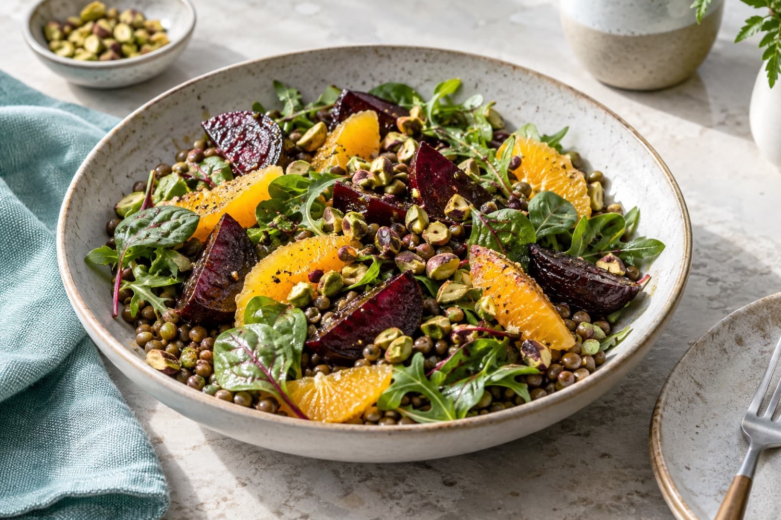 Photographic illustration of beet orange lentil salad