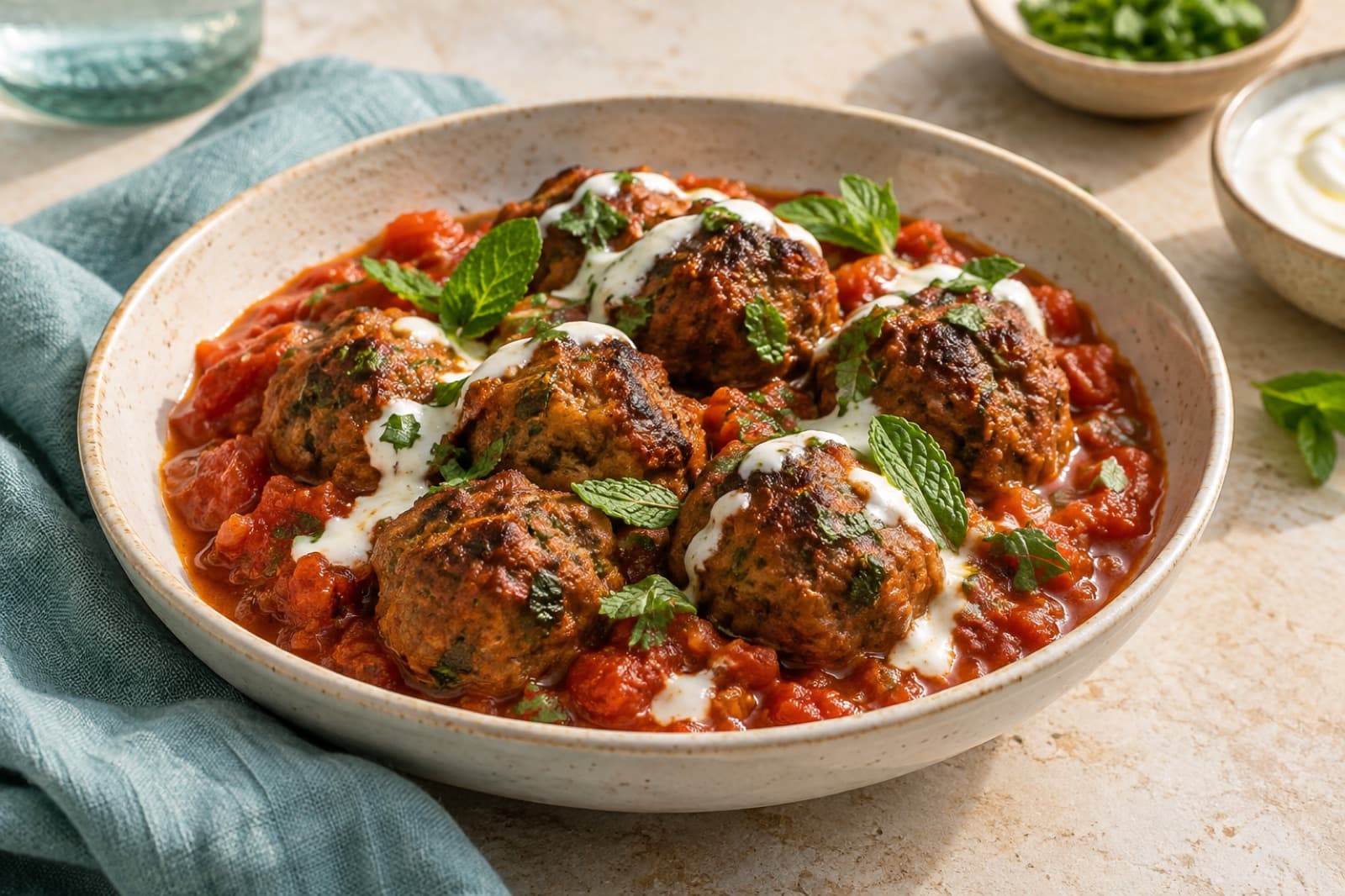 Photographic illustration of lamb mint meatballs with tomato