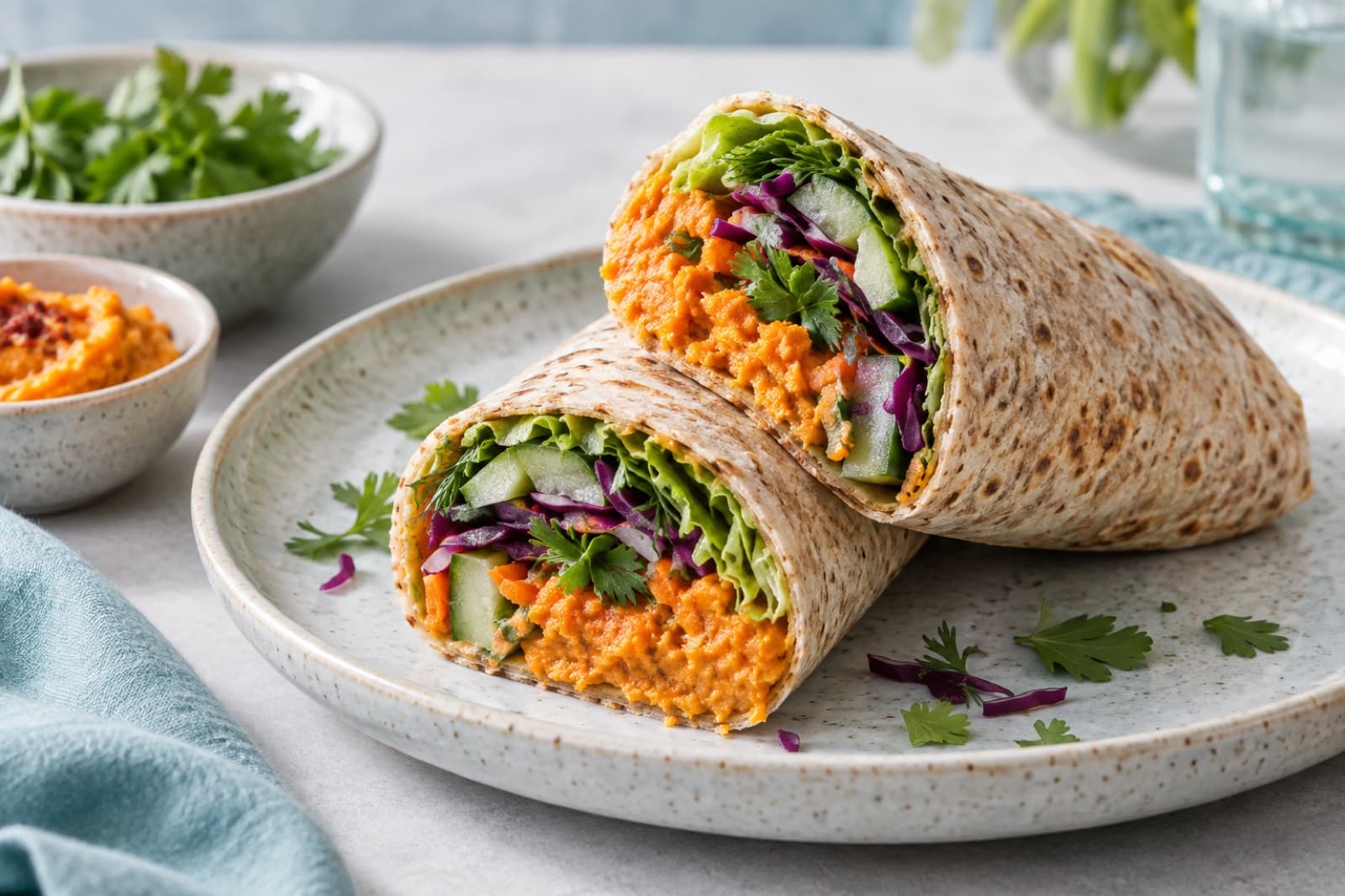 Photographic illustration of spiced carrot hummus wraps