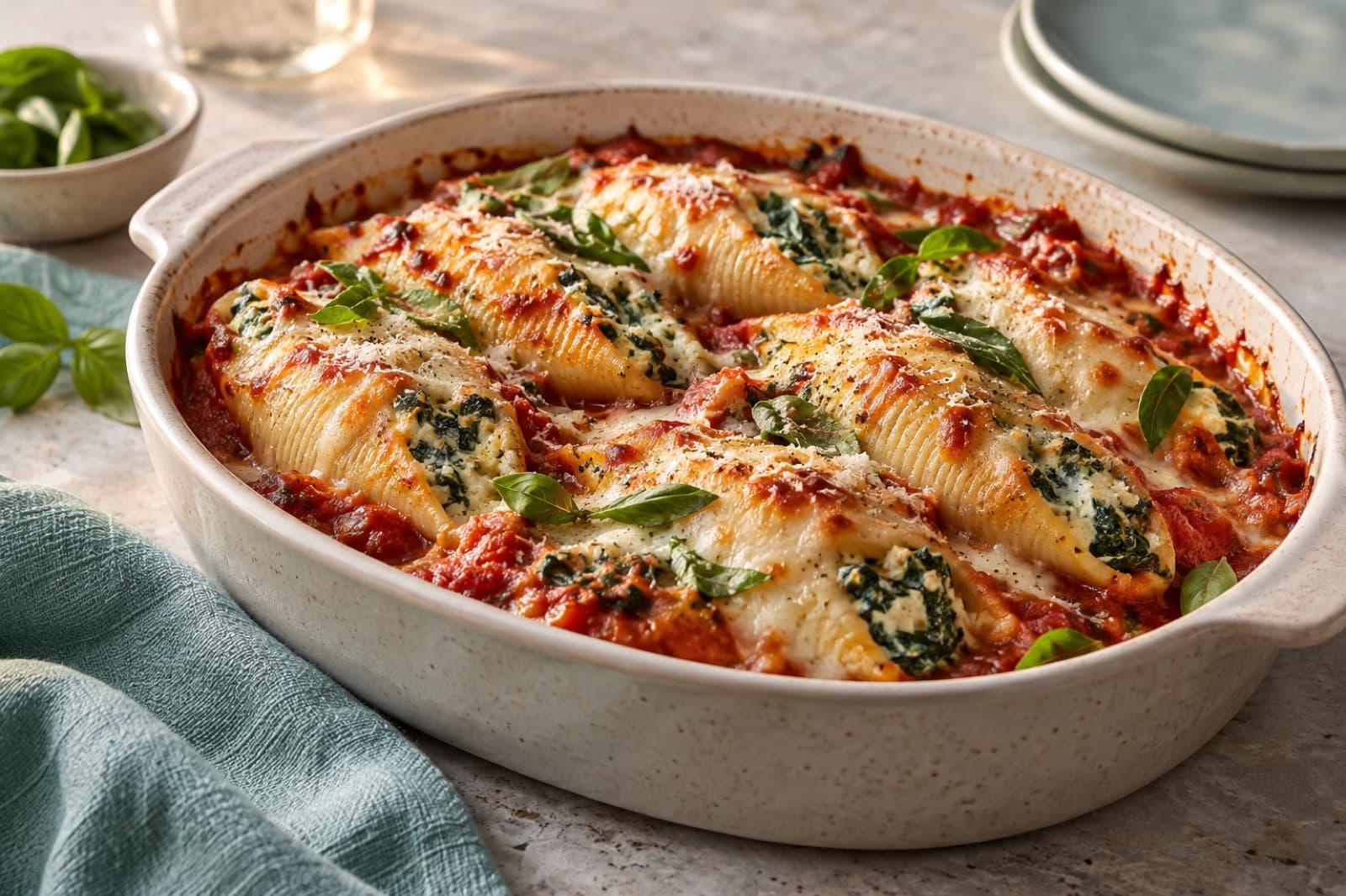 Photographic illustration of spinach ricotta stuffed pasta shells