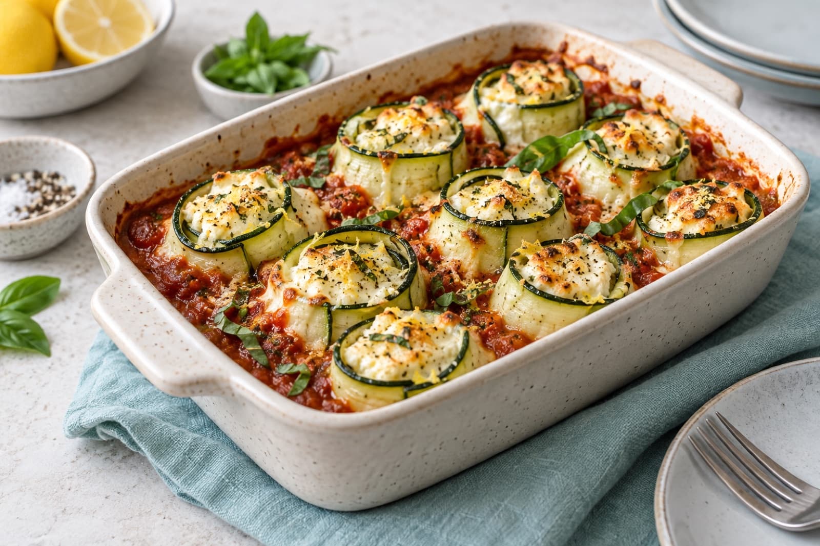 Photographic illustration of zucchini ricotta tomato rolls
